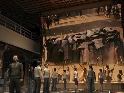 Cultural Center Indoor Historical Scene Exhibition With Large Screen Projection And Visitor Models 3d model
