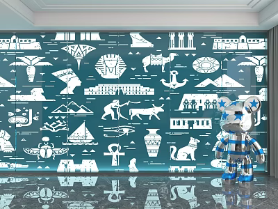 Teal Wall Decor with Egyptian Themed Patterns Including Pyramids Sphinx Sailboats and Vases 3d model