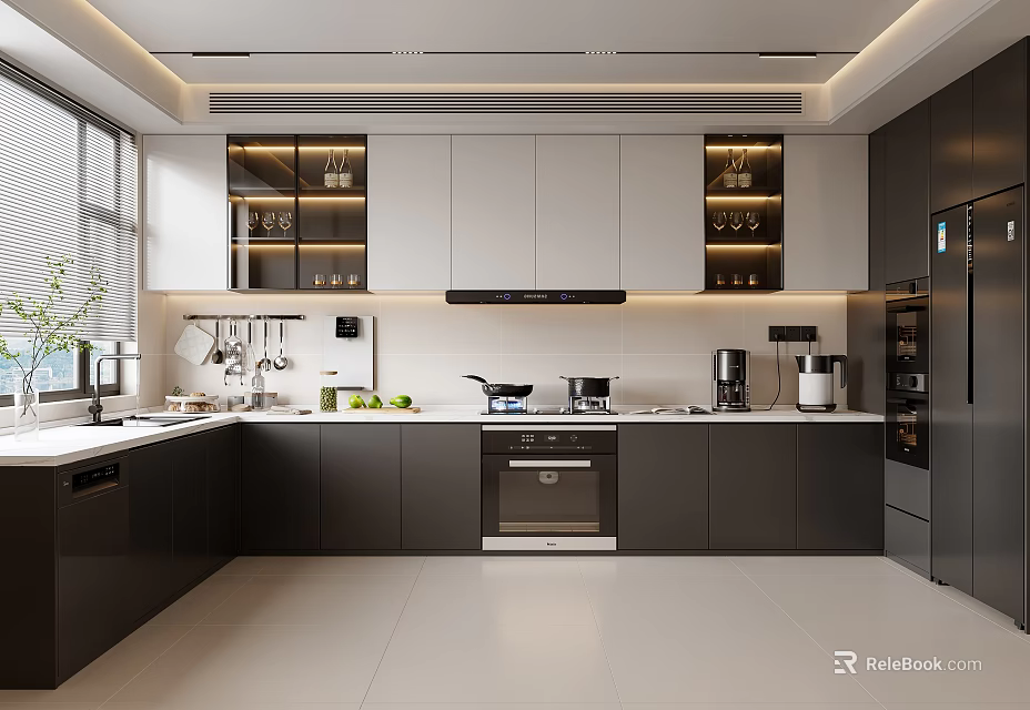 Modern Kitchen Interior With Dark And White Cabinets Stainless Steel Appliances And Countertop 3d model 