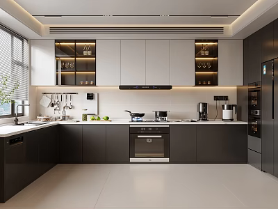 Modern Kitchen Interior With Dark And White Cabinets Stainless Steel Appliances And Countertop 3d model