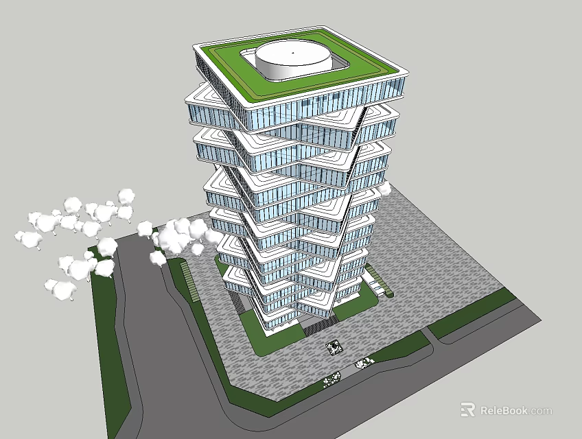 Modern Stacked Office Building With Glass Curtain Walls And Green Roof 3d model 