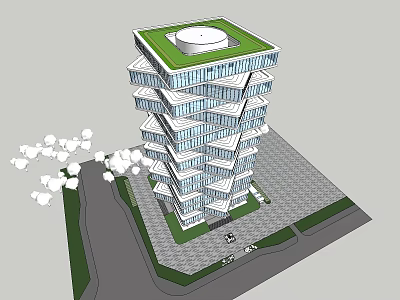 Modern Stacked Office Building With Glass Curtain Walls And Green Roof 3d model