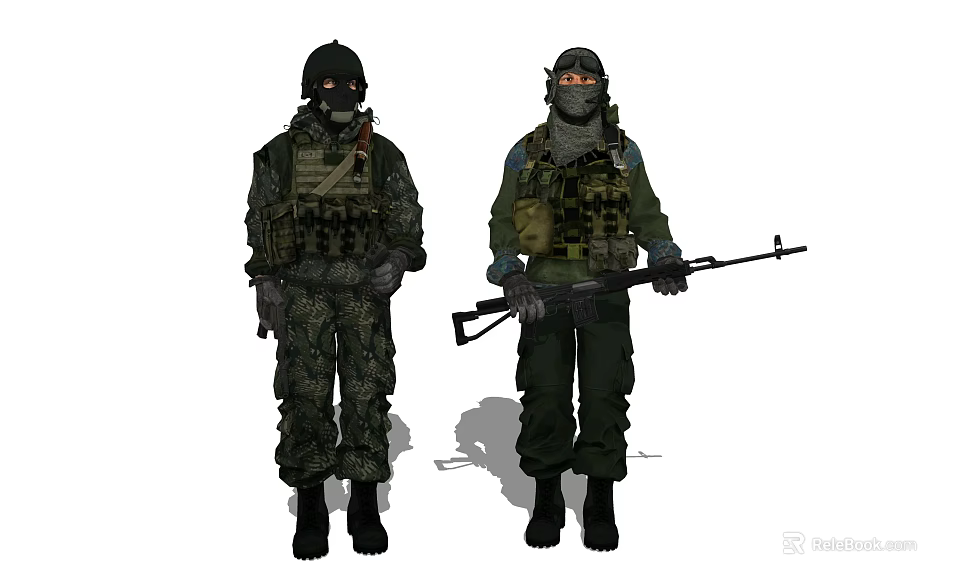Game and Movie Characters in Military Uniforms With Helmets Face Masks Tactical Gear and Rifles 3d model 