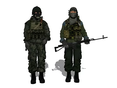 Game and Movie Characters in Military Uniforms With Helmets Face Masks Tactical Gear and Rifles 3d model