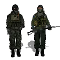 Game and Movie Characters in Military Uniforms With Helmets Face Masks Tactical Gear and Rifles
