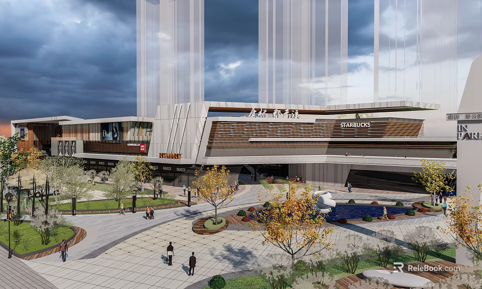Modern Urban Commercial Street With Landscaped Greenery And Pedestrian Plaza 3d model 
