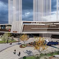 Modern Urban Commercial Street With Landscaped Greenery And Pedestrian Plaza