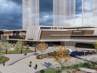 Modern Urban Commercial Street With Landscaped Greenery And Pedestrian Plaza 3d model