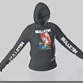 Black Hoodie With BULLETIN Text And Graphic Print On Long Sleeves