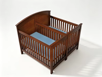 Wooden Baby Crib with Dark Brown Finish Curved Headboard and Blue Mattress 3d model