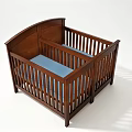 Wooden Baby Crib with Dark Brown Finish Curved Headboard and Blue Mattress