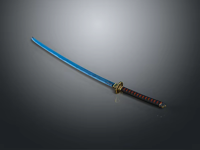 Traditional Katana Weapon With Blue Blade Red And Black Handle And Golden Tsuba 3d model