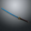 Traditional Katana Weapon With Blue Blade Red And Black Handle And Golden Tsuba