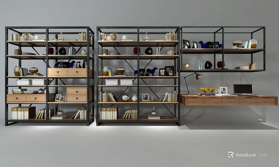 Modern Industrial Bookcase With Metal Frame Wooden Shelves Books And Decorative Items 3d model 