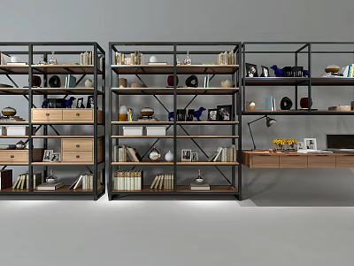 Modern Industrial Bookcase With Metal Frame Wooden Shelves Books And Decorative Items 3d model