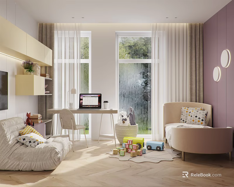 Bright Kids Room Interior Design With Sofa Desk Toys And Large Windows 3d model 