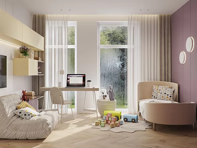 Bright Kids Room Interior Design With Sofa Desk Toys And Large Windows 3d model