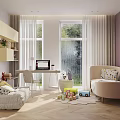 Bright Kids Room Interior Design With Sofa Desk Toys And Large Windows