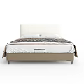 Modern Double Bed With White Upholstered Headboard Two Pillows Beige Mattress And Striped Blanket