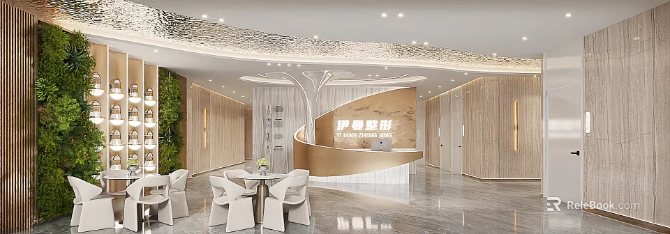 Hotel Lobby Modern Interior Design With Elegant Reception Desk Marble Floor And Ambient Lighting 3d model 