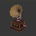 Vintage Gramophone with Golden Horn Wooden Base and Black Vinyl Record