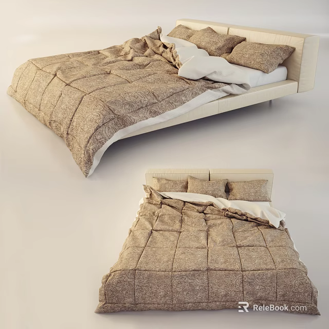Cozy Double Bed With Plaid Quilt And White Pillows On Beige Headboard 3d model 