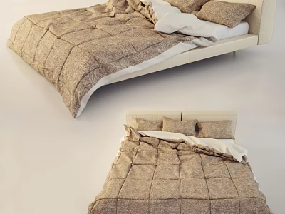Cozy Double Bed With Plaid Quilt And White Pillows On Beige Headboard 3d model