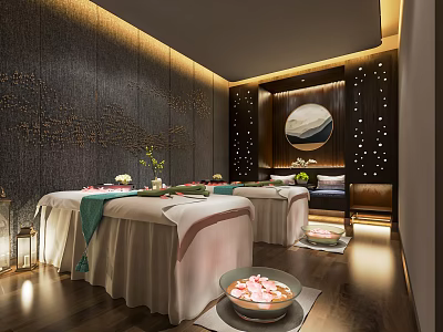 Elegant Spa Sauna Interior With Massage Tables White Sheets Green Towels And Petal Bowls 3d model