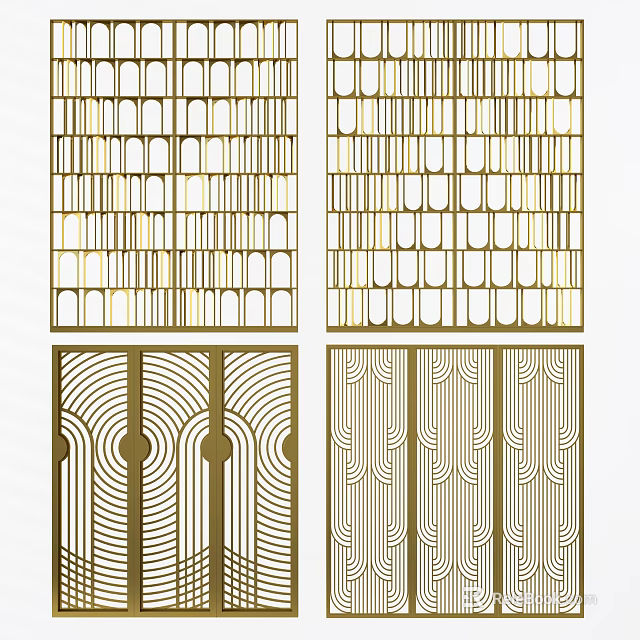 Modern Geometric Room Dividers With Gold Metal Intricate Panel Patterns 3d model