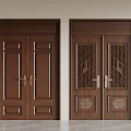 Brown Wooden Interior Doors With Solid Panel Carved Patterns Circular Decorations And Gold Handles 3d model