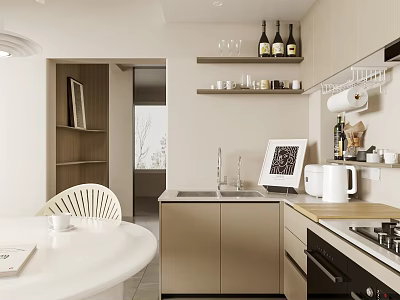 Modern Kitchen Interior With Cabinets Shelves Wine Bottles Sink And White Kettle 3d model