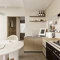 Modern Kitchen Interior With Cabinets Shelves Wine Bottles Sink And White Kettle