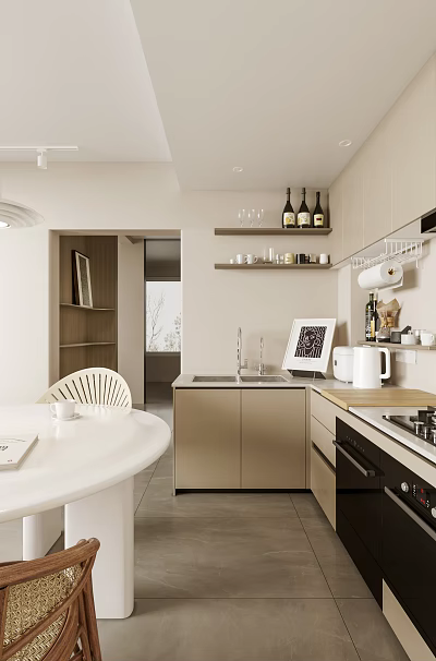 Modern Kitchen Interior With Cabinets Shelves Wine Bottles Sink And White Kettle 3d model
