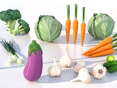 Fresh Assorted Vegetables Display With Broccoli Cabbage Carrots Onions Eggplant Garlic And Cucumbers 3d model
