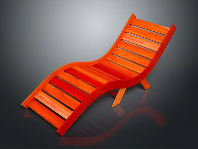 Red Wooden Slatted Lounge Chair with Curved Backrest and Supportive Legs 3d model