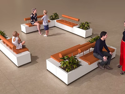Modern Public Chairs With Orange Seats White Frames And Green Plants In Public Area 3d model