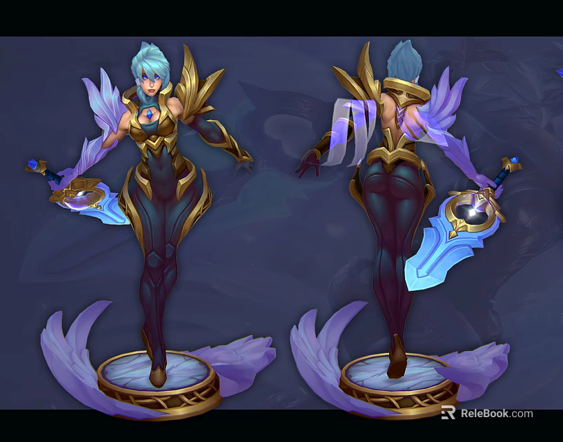Blue Haired Fantasy Warrior Character With Golden Armor Purple Wings And Sword 3d model 