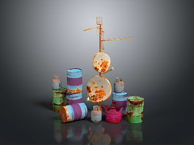 Rusty Industrial Scene With Colorful Oil Drums Crane Structure And Metal Discs 3d model