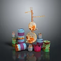 Rusty Industrial Scene With Colorful Oil Drums Crane Structure And Metal Discs