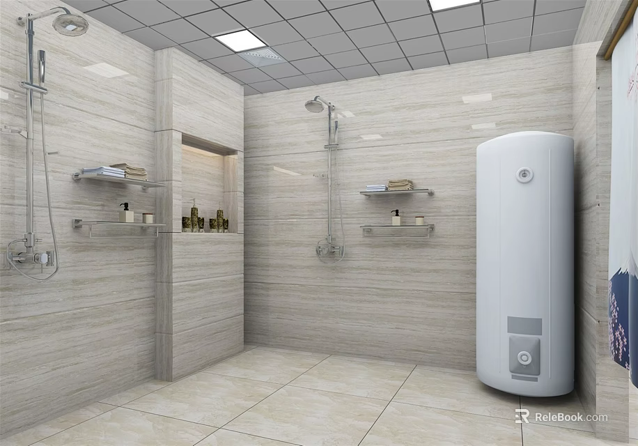 Public Restroom With Tiled Walls Shower Heads Shelves And Water Heater 3d model 