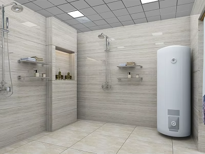 Public Restroom With Tiled Walls Shower Heads Shelves And Water Heater 3d model