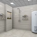 Public Restroom With Tiled Walls Shower Heads Shelves And Water Heater