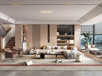 Modern Living Room Interior Design With Sectional Sofa Coffee Table Area Rug And Floor To Ceiling Windows 3d model