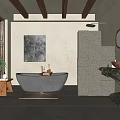 Bathroom Interior Design With Wooden Beams Stone Wall Black Bathtub Round Mirror And Plant