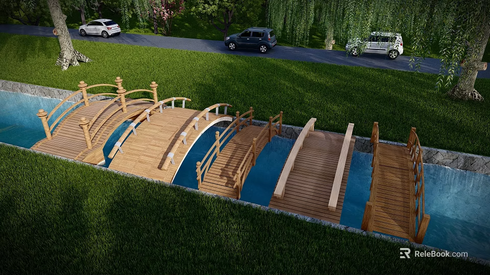 Wooden Landscape Bridge With Multiple Arches Over Water In Green Lawn 3d model 