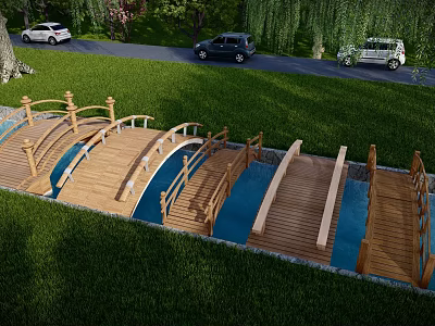 Wooden Landscape Bridge With Multiple Arches Over Water In Green Lawn 3d model
