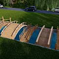 Wooden Landscape Bridge With Multiple Arches Over Water In Green Lawn