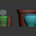 Colorful Containers Arrangement Featuring Green Striped Can Red Buckets And Blue Ceramic Pot