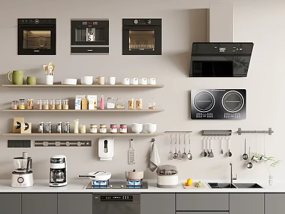 Essential Kitchenware Collection In Modern Organized Kitchen With Hanging Racks Cabinets And Countertop Appliances 3d model