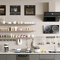 Essential Kitchenware Collection In Modern Organized Kitchen With Hanging Racks Cabinets And Countertop Appliances